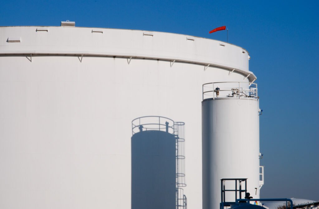 Industrial refinery storage tanks